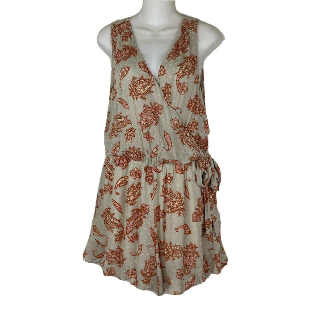 Mystree Romper Womens Large Cream Orange Paisley Swiss Dot Boho V-Neck 18037